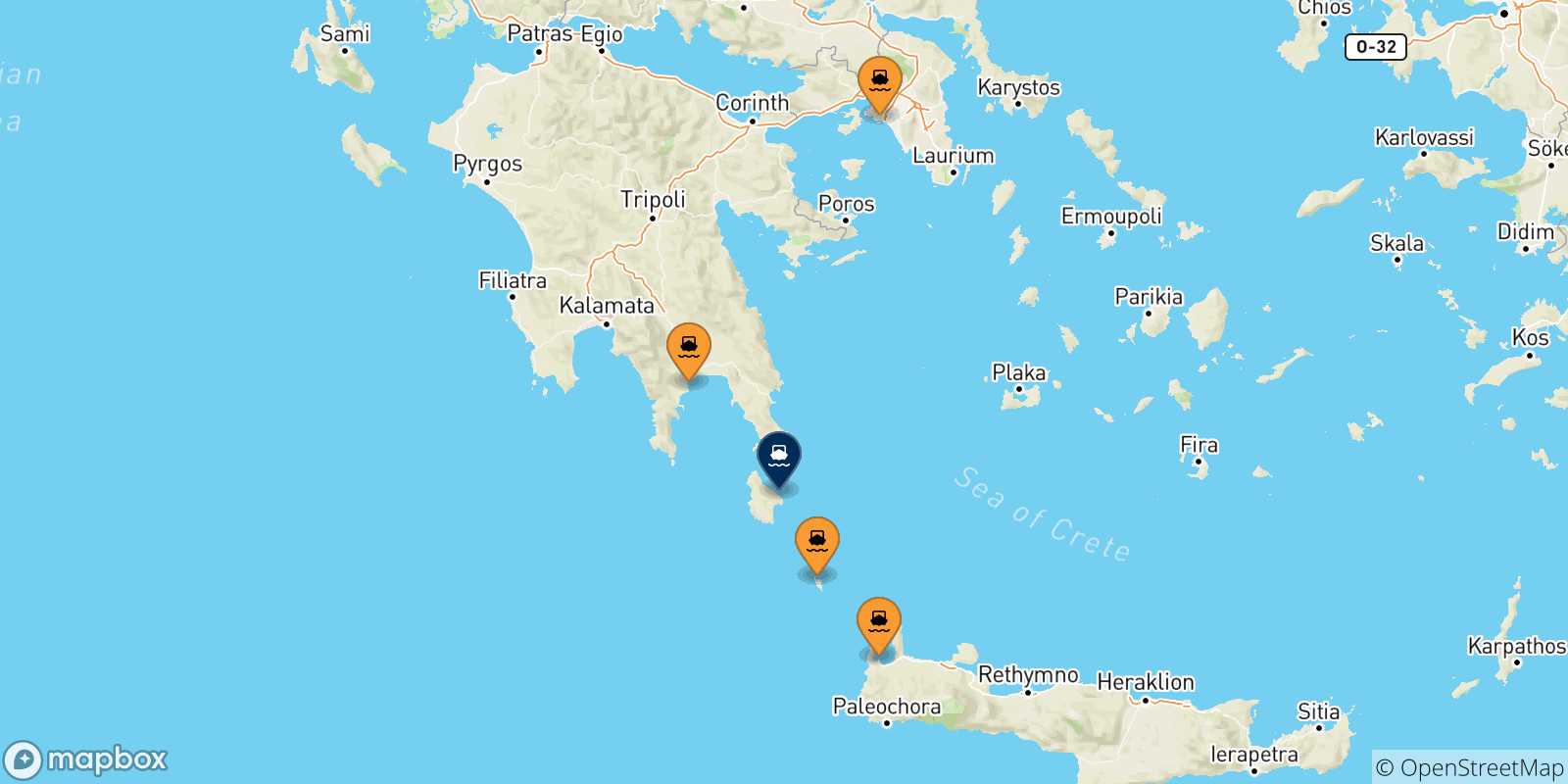 Mappa delle possibili rotte tra la Grecia e Kythira