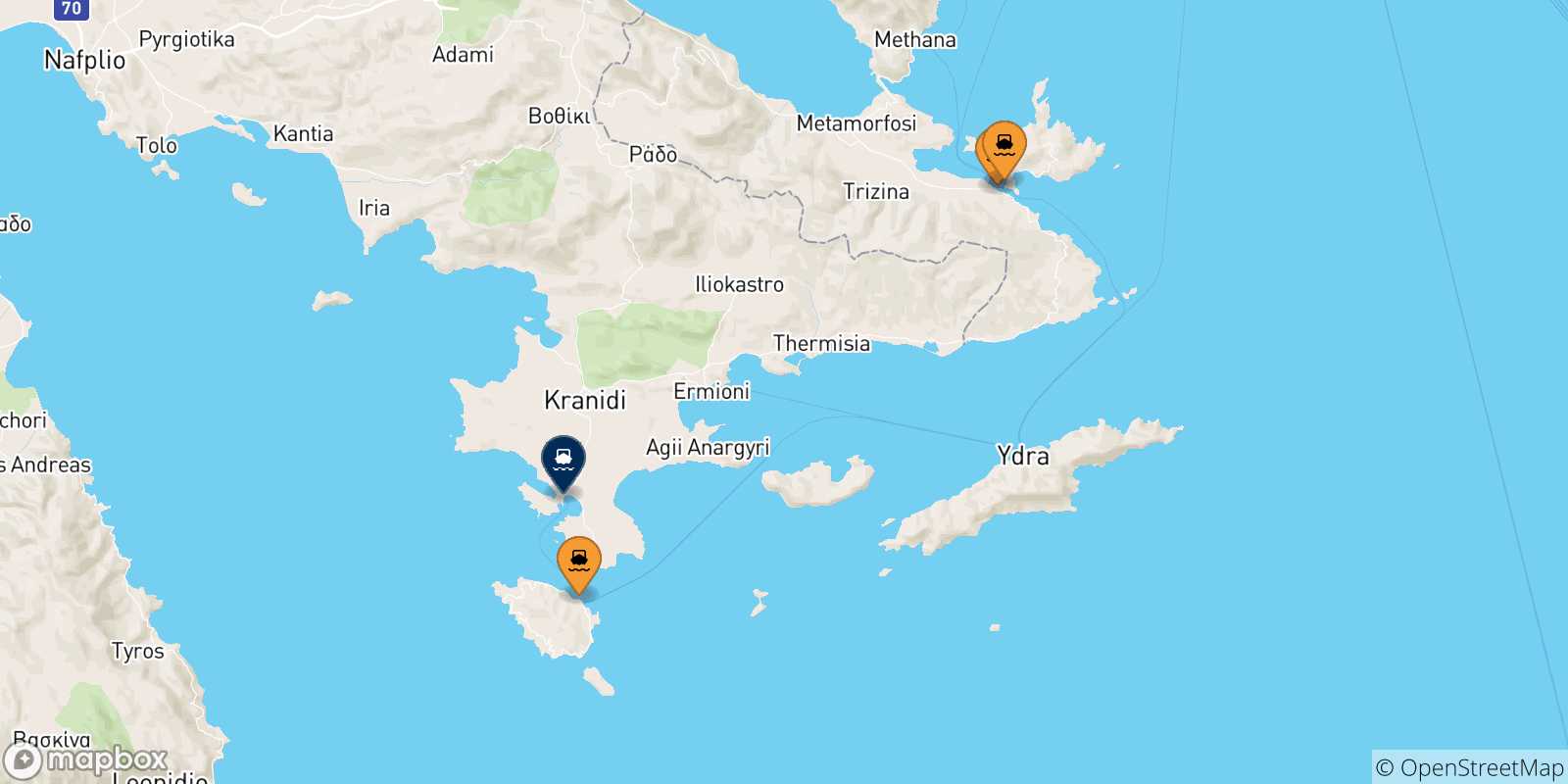 Mappa delle possibili rotte tra le Isole Saroniche e Porto Heli