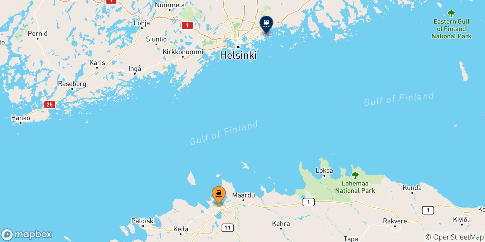 Mappa delle possibili rotte tra l'Estonia e Helsinki