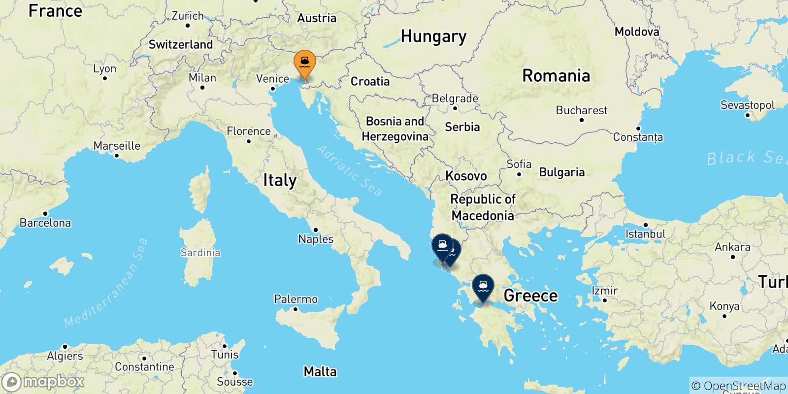 Mappa delle possibili rotte tra Trieste e la Grecia