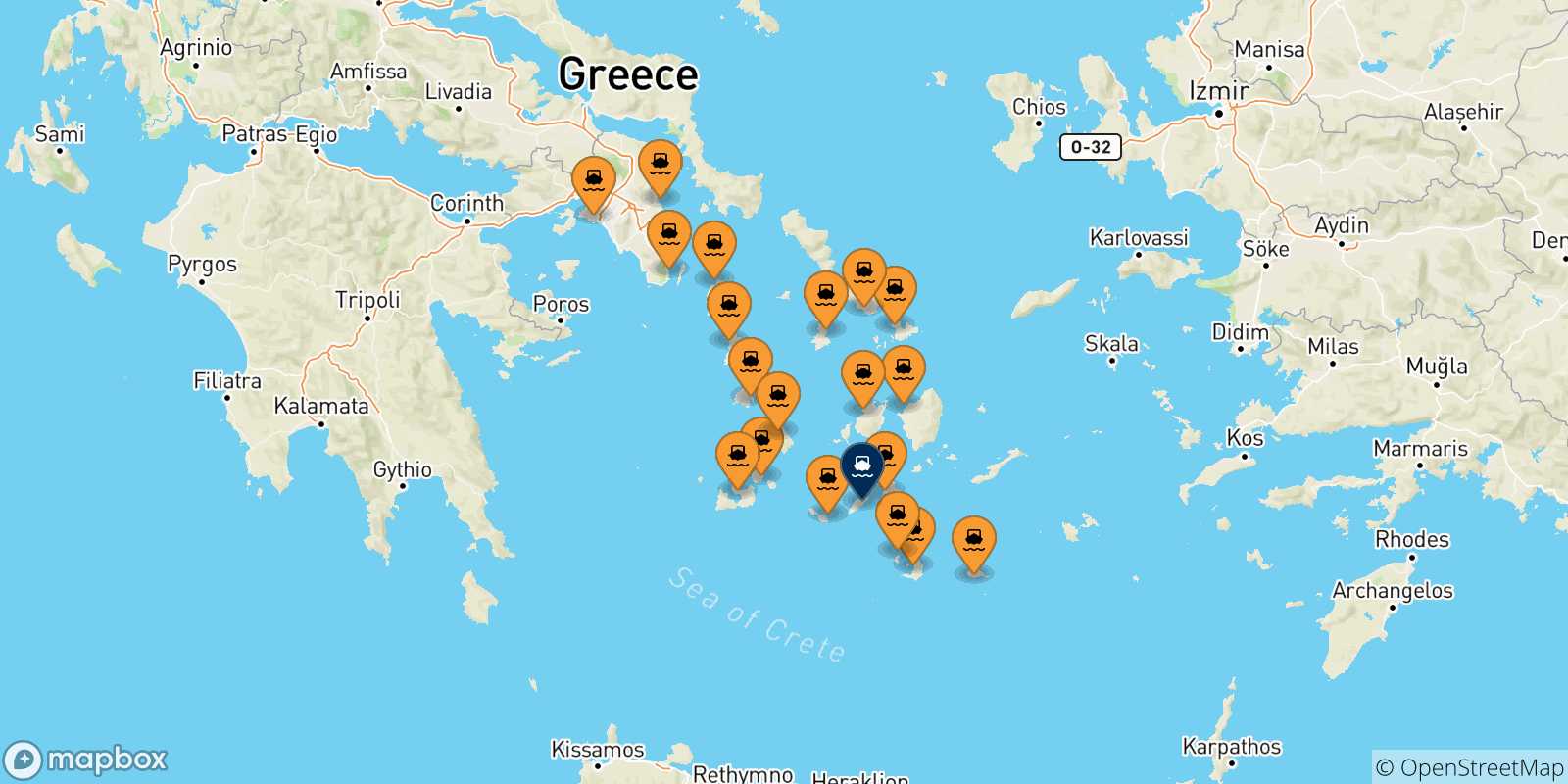 Mappa delle possibili rotte tra la Grecia e Sikinos