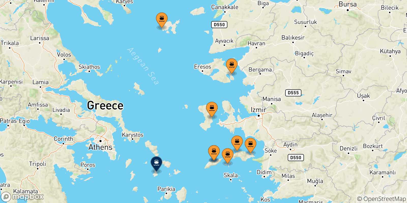 Mappa delle possibili rotte tra le Isole Egeo Nord Orientale e Syros