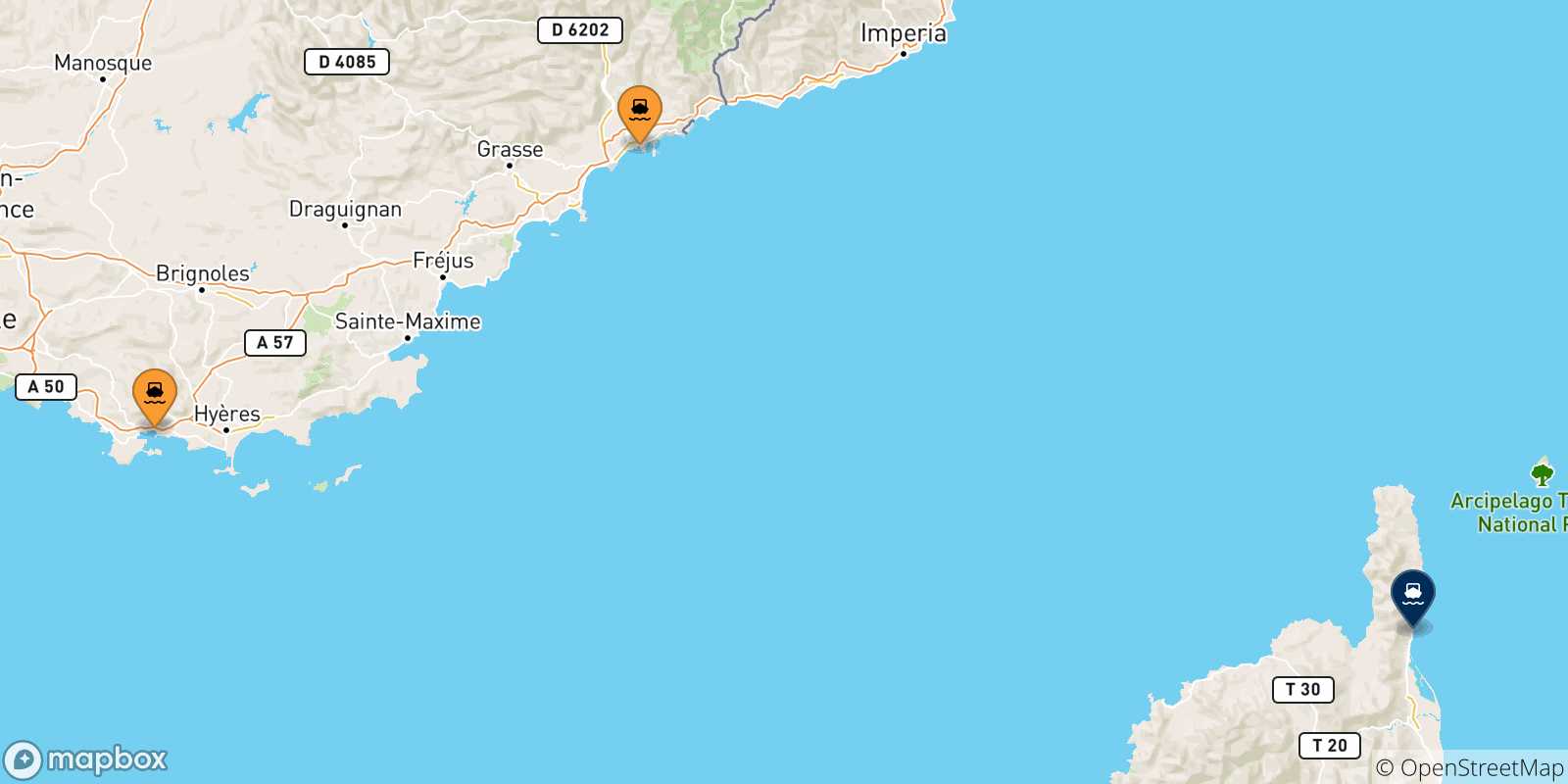 Mappa delle possibili rotte tra la Francia e Bastia