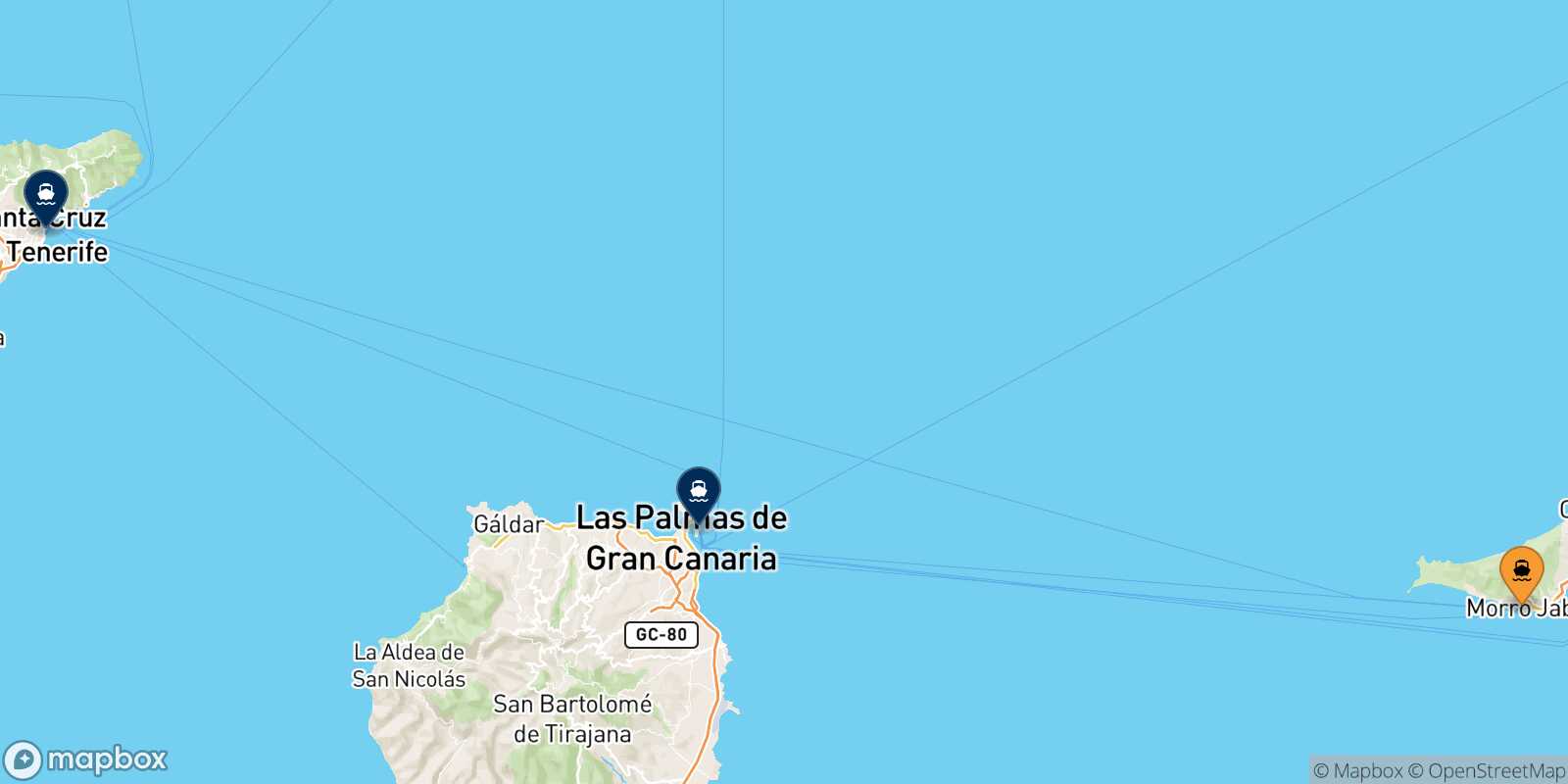 Mappa delle destinazioni raggiungibili da Morro Jable (Fuerteventura)