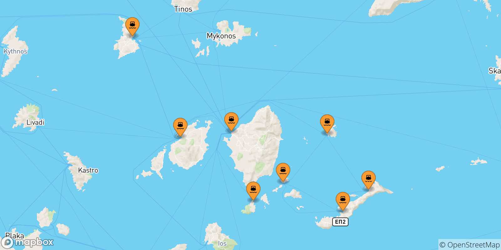 Mappa delle possibili rotte tra le Isole Cicladi e Schinoussa