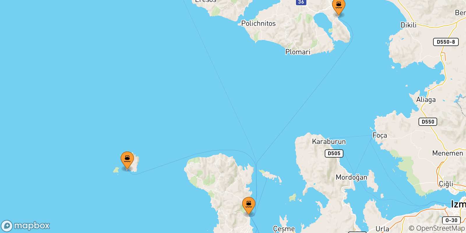Mappa delle possibili rotte tra le Isole Egeo Nord Orientale e Inousses