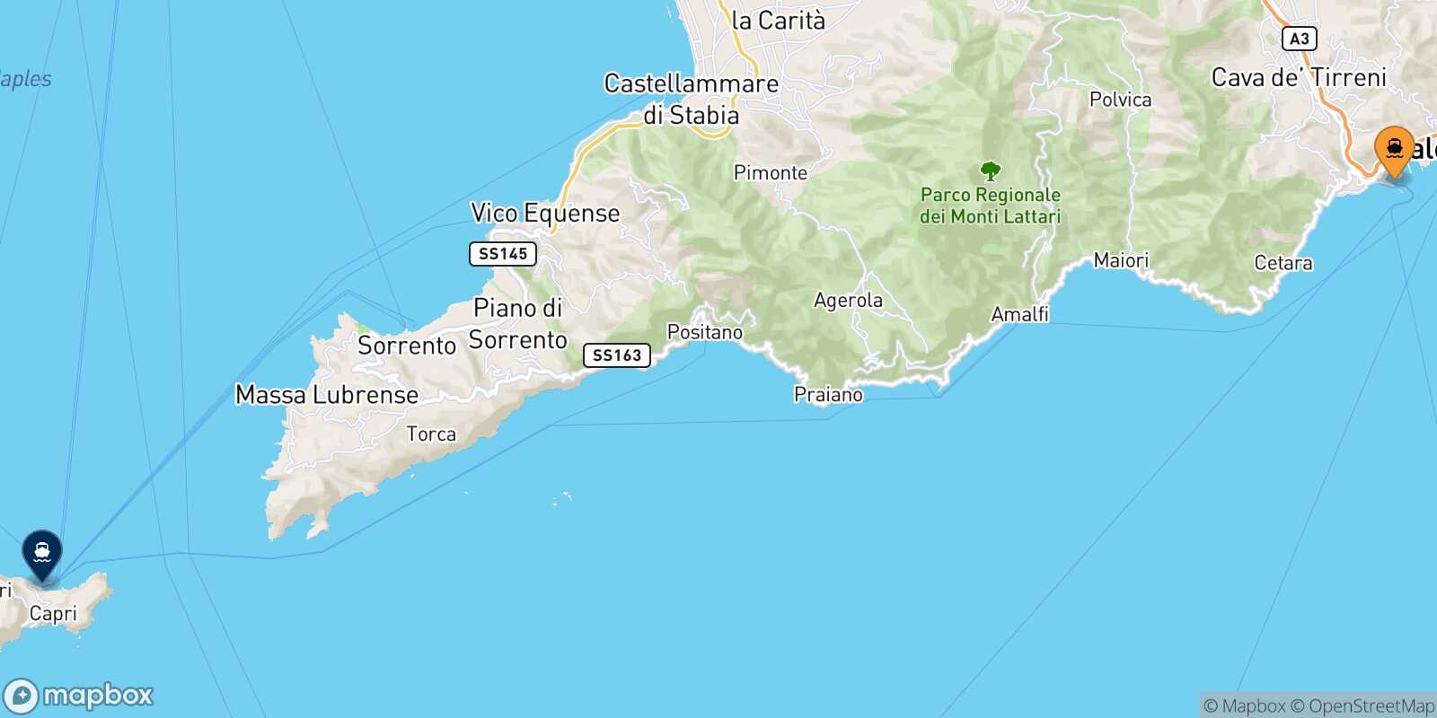 Mappa della rotta Salerno Capri