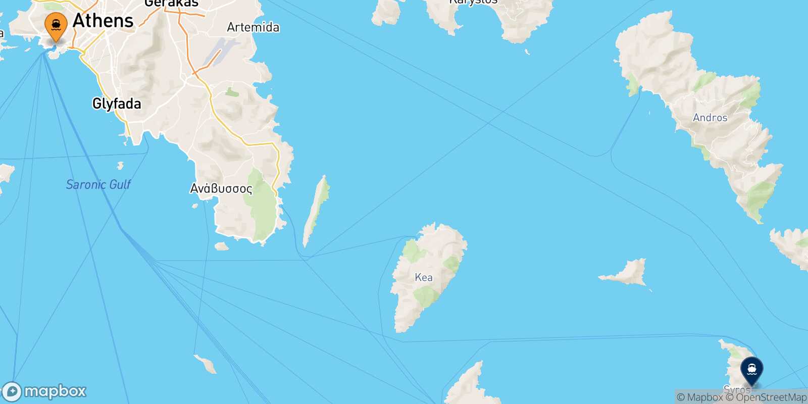 Mappa della rotta Pireo Syros