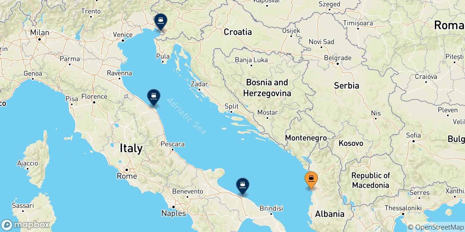 Mappa delle possibili rotte tra Durazzo e l'Italia