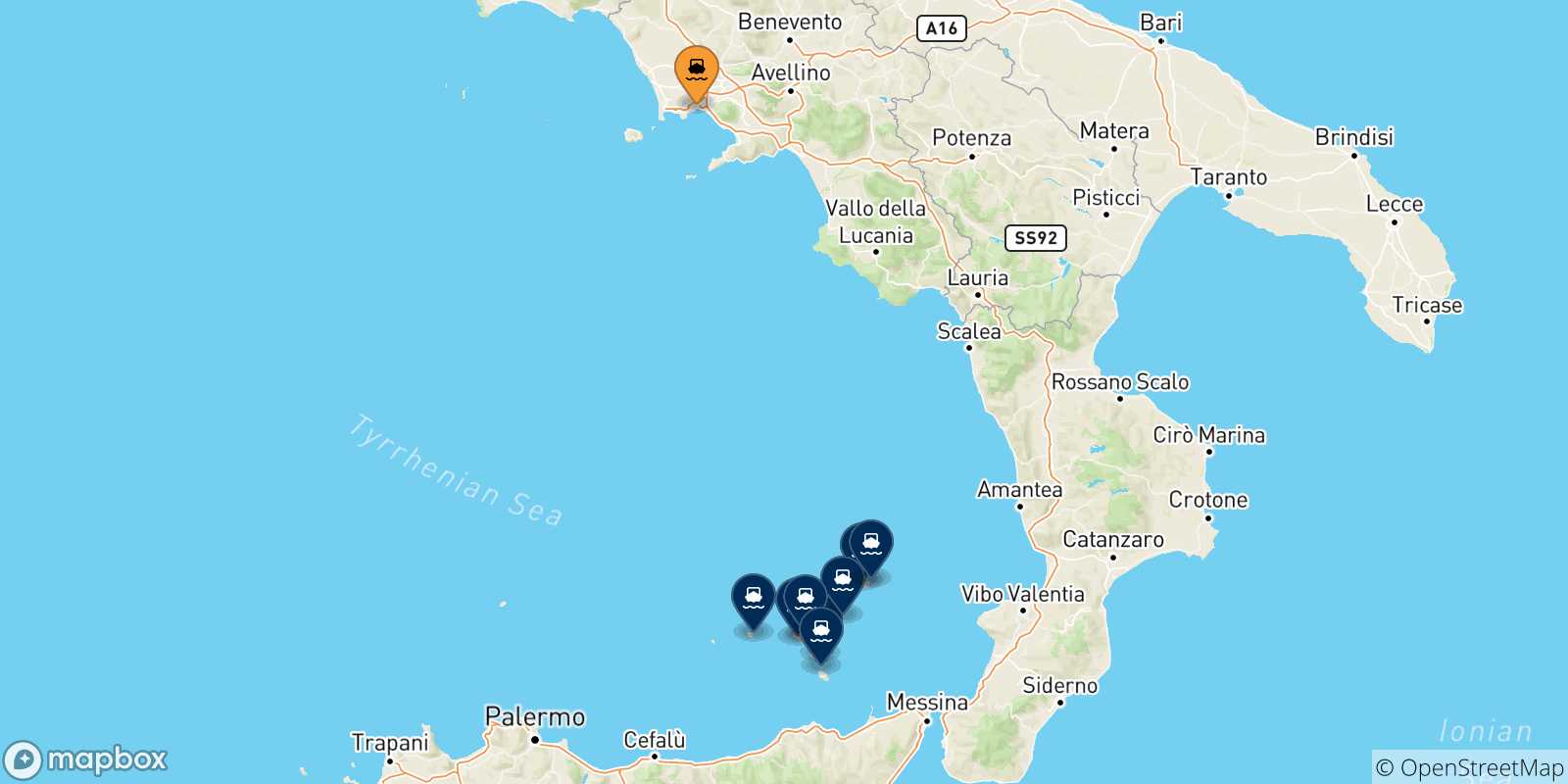 Mappa delle possibili rotte tra Napoli e le Isole Eolie