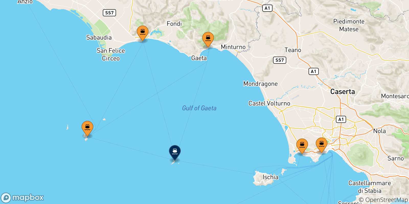 Mappa delle possibili rotte tra l'Italia e Ventotene