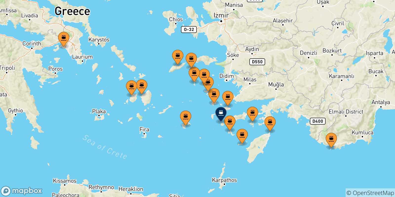 Mappa delle possibili rotte tra la Grecia e Nisyros