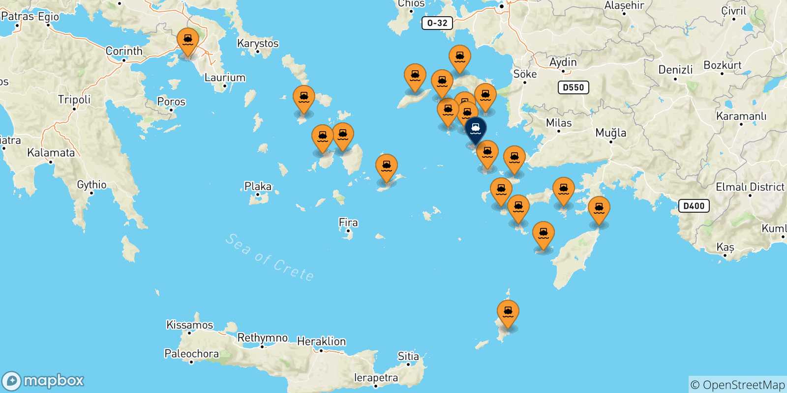 Mappa delle possibili rotte tra la Grecia e Leros
