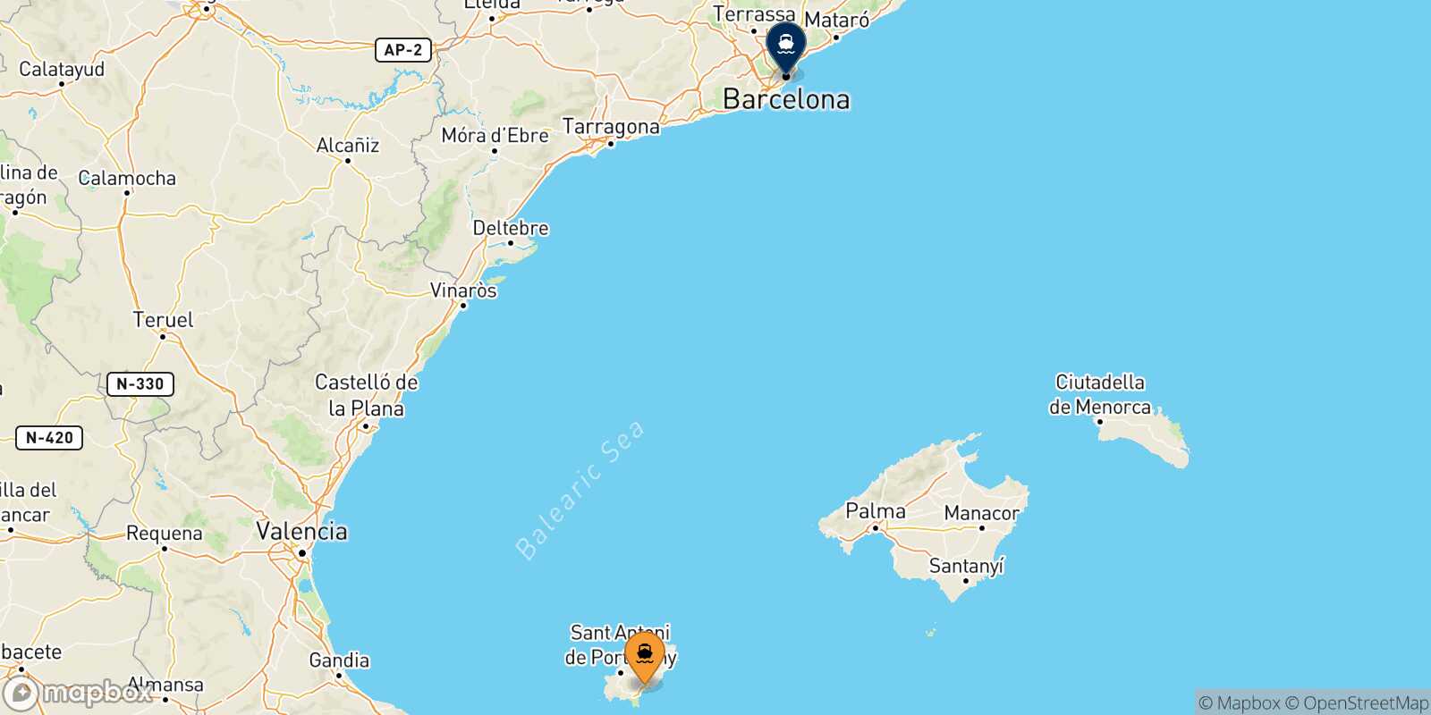 Mappa della rotta Ibiza Barcellona