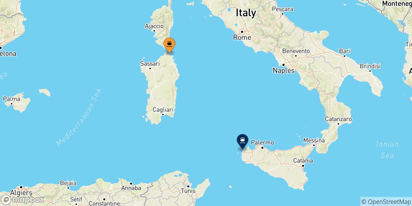Mappa delle possibili rotte tra la Sardegna e Trapani