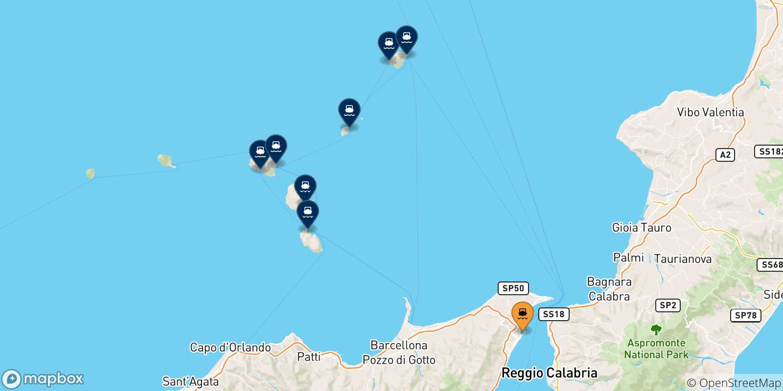 Mappa delle possibili rotte tra Messina e le Isole Eolie