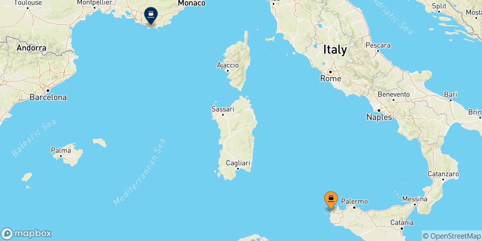 Mappa delle possibili rotte tra la Sicilia e Tolone