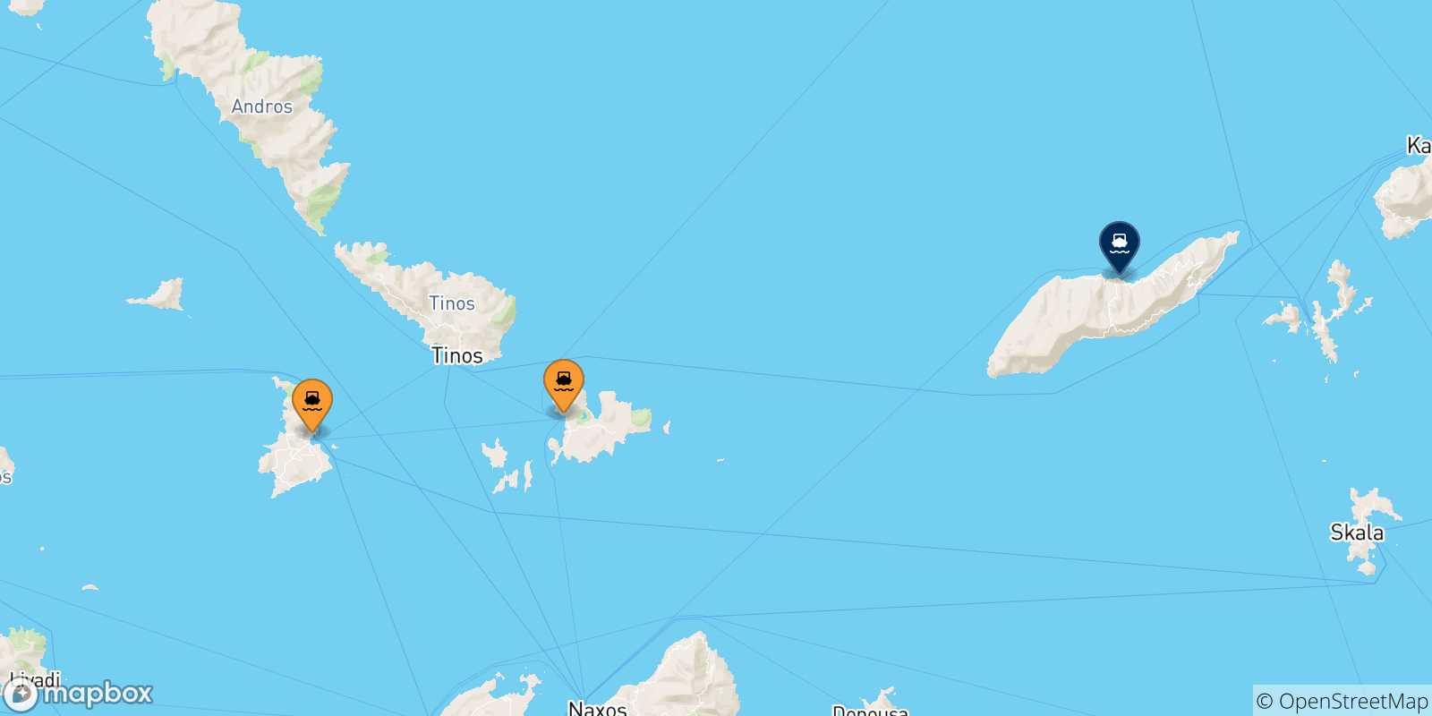 Mappa delle possibili rotte tra le Isole Cicladi e Agios Kirikos (Ikaria)