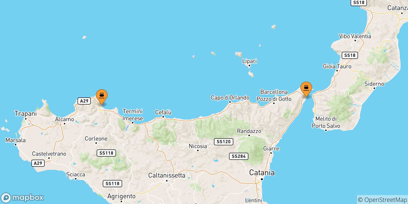 Mappa delle possibili rotte tra la Sicilia e Milazzo