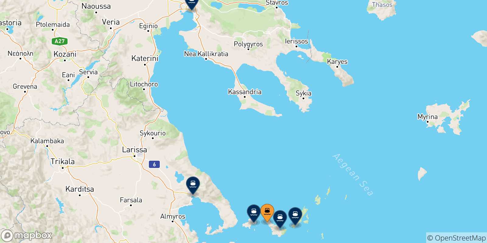 Mappa delle possibili rotte tra Agnontas (Skopelos) e la Grecia
