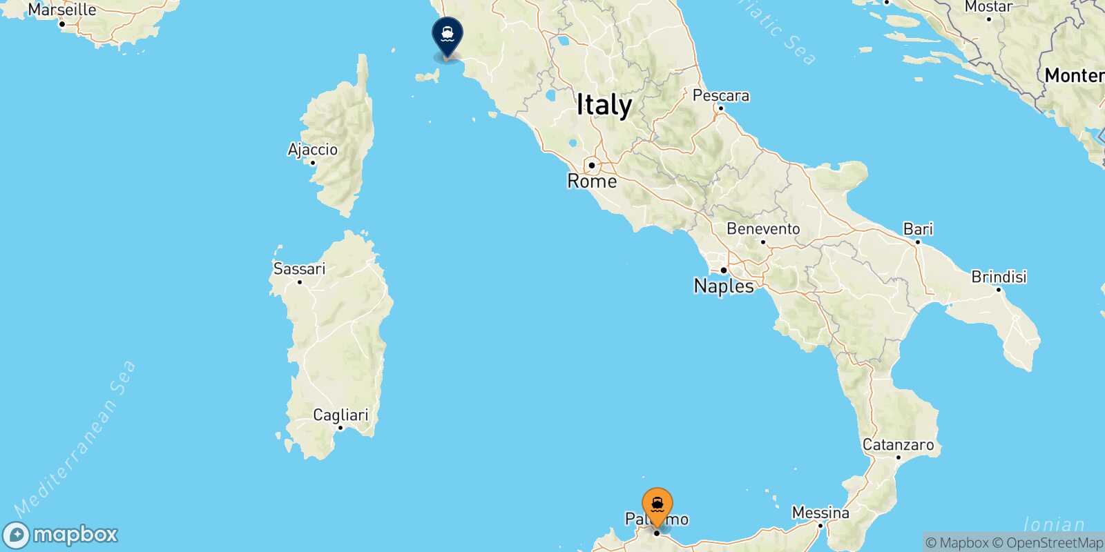 Mappa della rotta Palermo Piombino