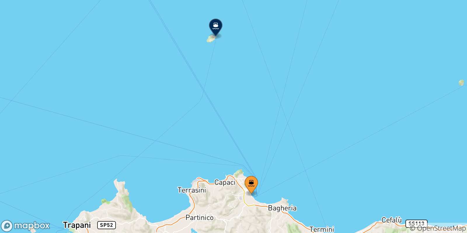 Mappa delle possibili rotte tra Palermo e l'Isola Di Ustica