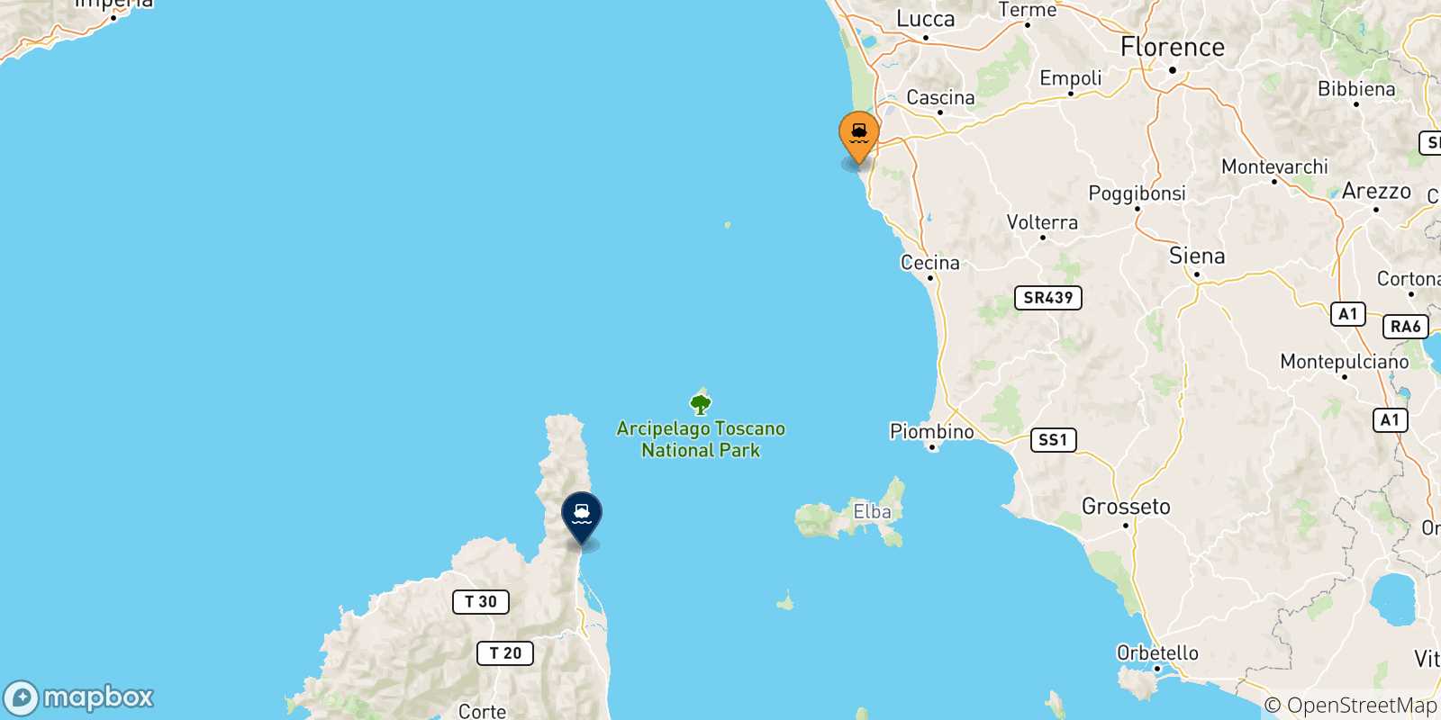Mappa delle possibili rotte tra Livorno e la Francia