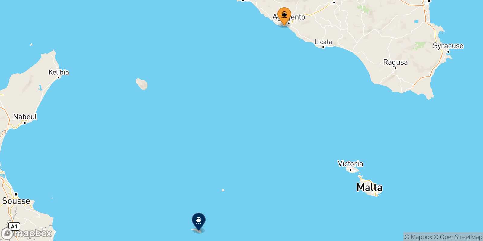 Mappa della rotta Porto Empedocle Lampedusa