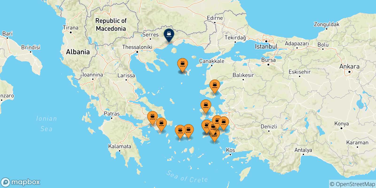 Mappa delle possibili rotte tra la Grecia e Kavala