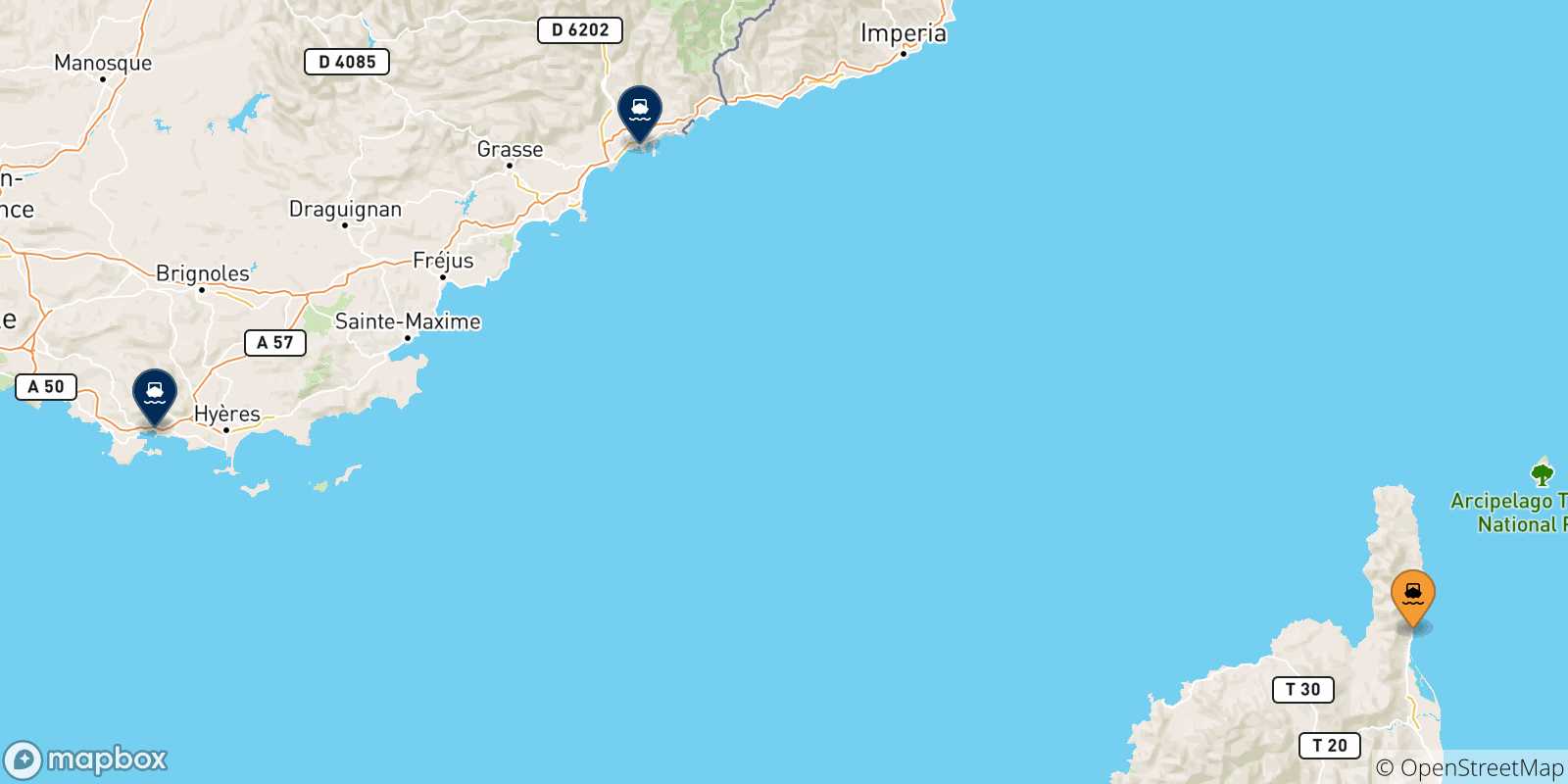 Mappa delle possibili rotte tra Bastia e la Francia