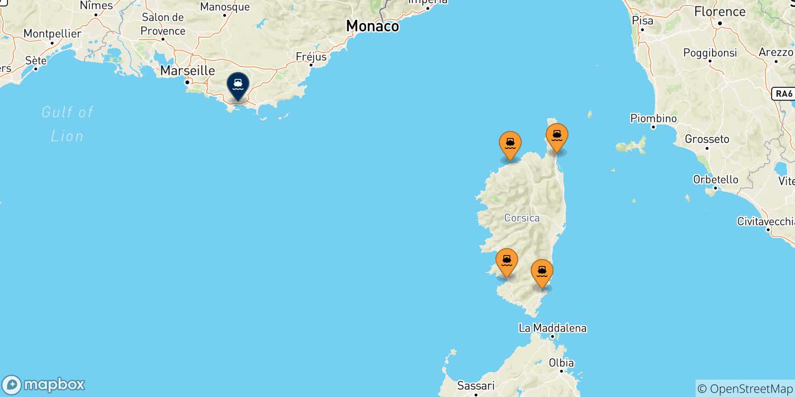 Mappa delle possibili rotte tra la Corsica e Tolone