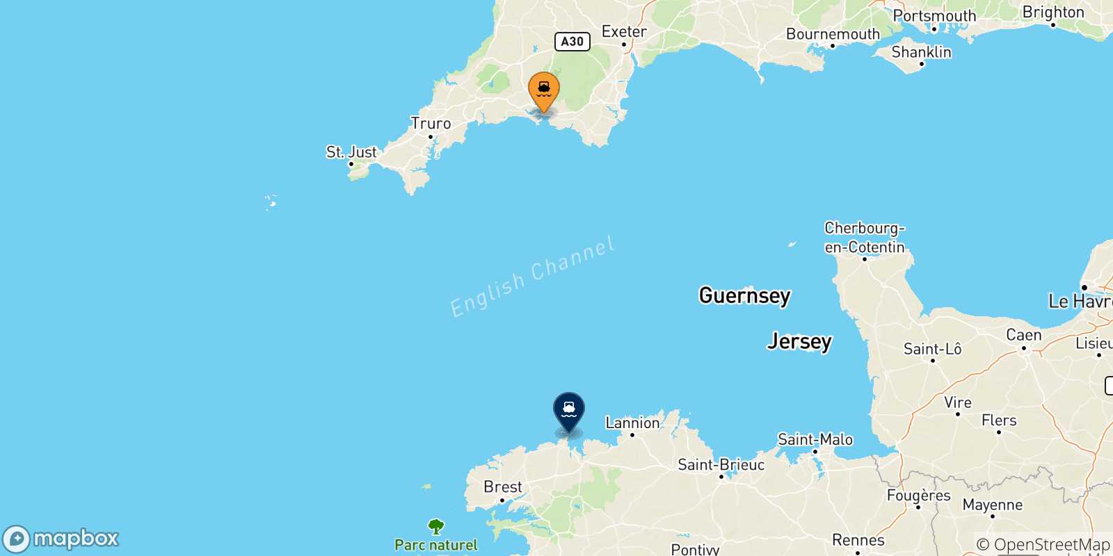 Mappa delle possibili rotte tra l'Inghilterra e Roscoff