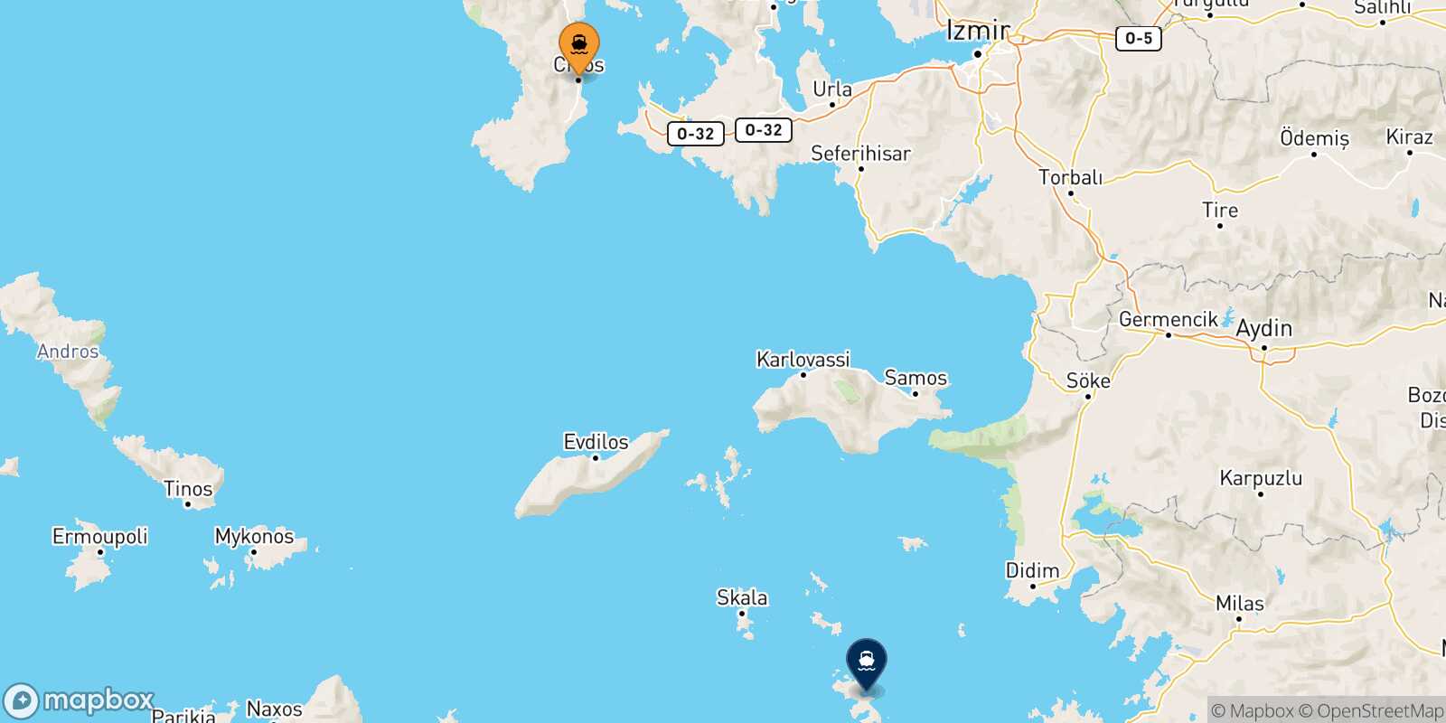 Mappa della rotta Chios Leros