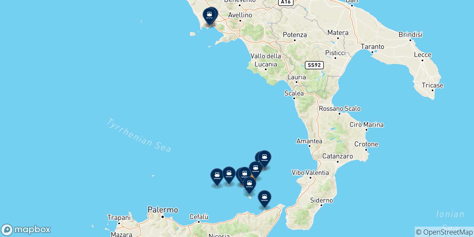 Mappa delle possibili rotte tra Lipari e l'Italia