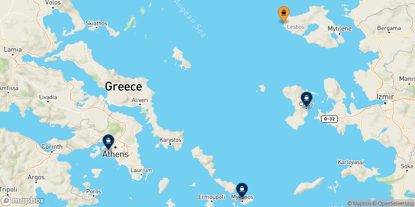 Mappa delle destinazioni raggiungibili da Sigri (Lesvos)