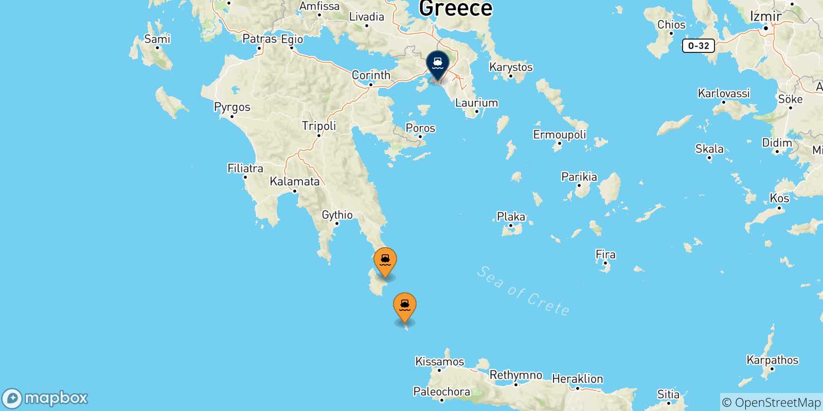 Mappa delle possibili rotte tra le Isole Ionie e Pireo