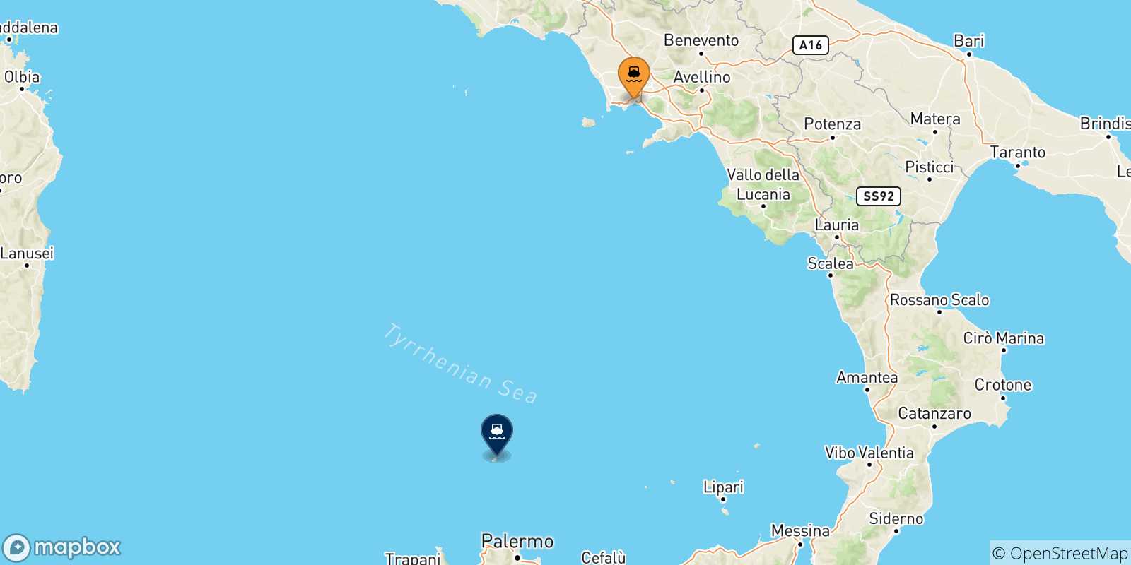 Mappa delle possibili rotte tra Napoli Beverello e l'Isola Di Ustica