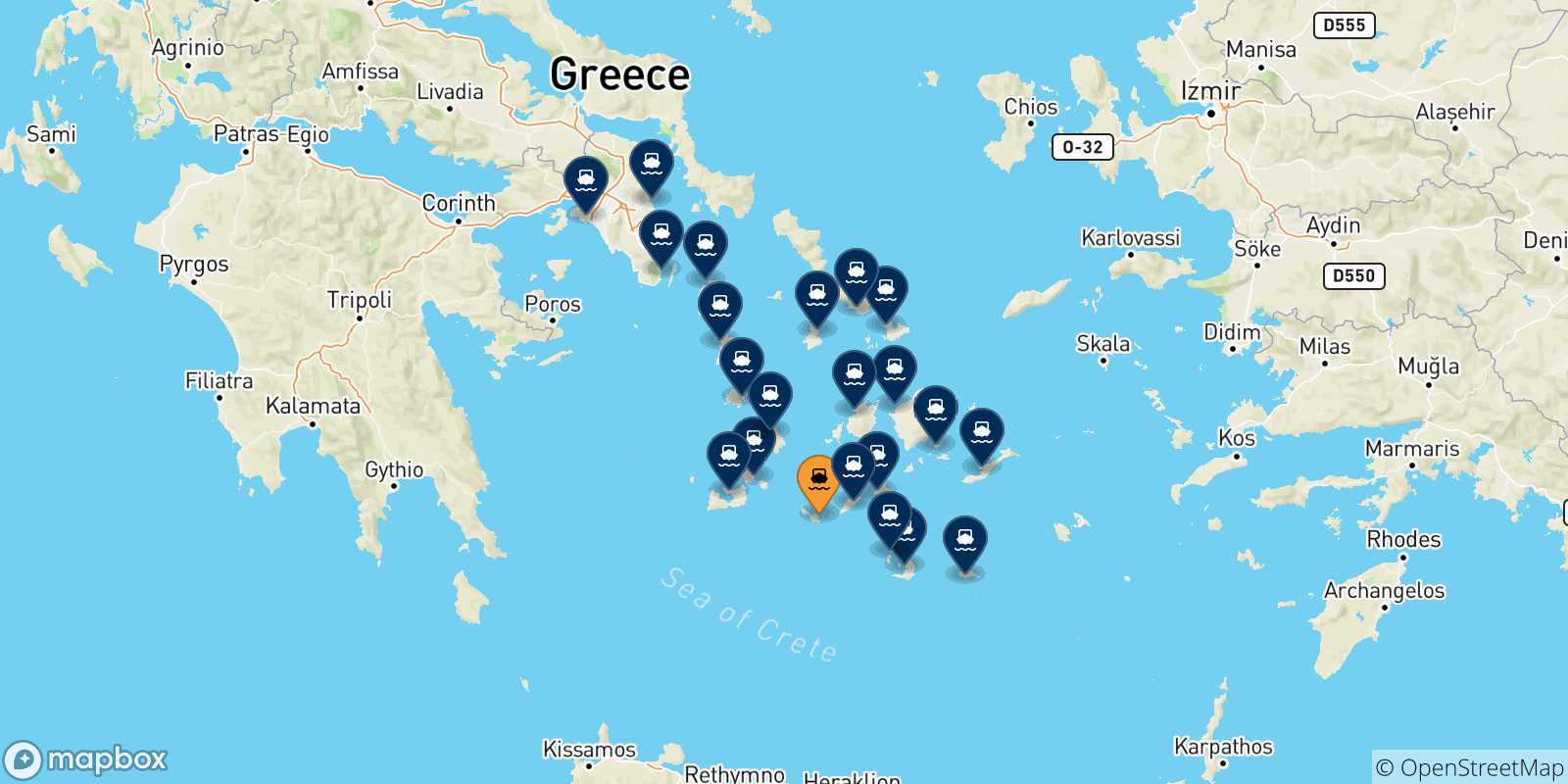 Mappa delle possibili rotte tra Folegandros e la Grecia