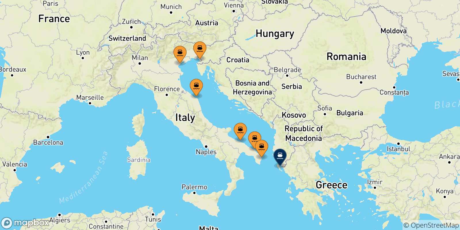 Mappa delle possibili rotte tra l'Italia e Corfu