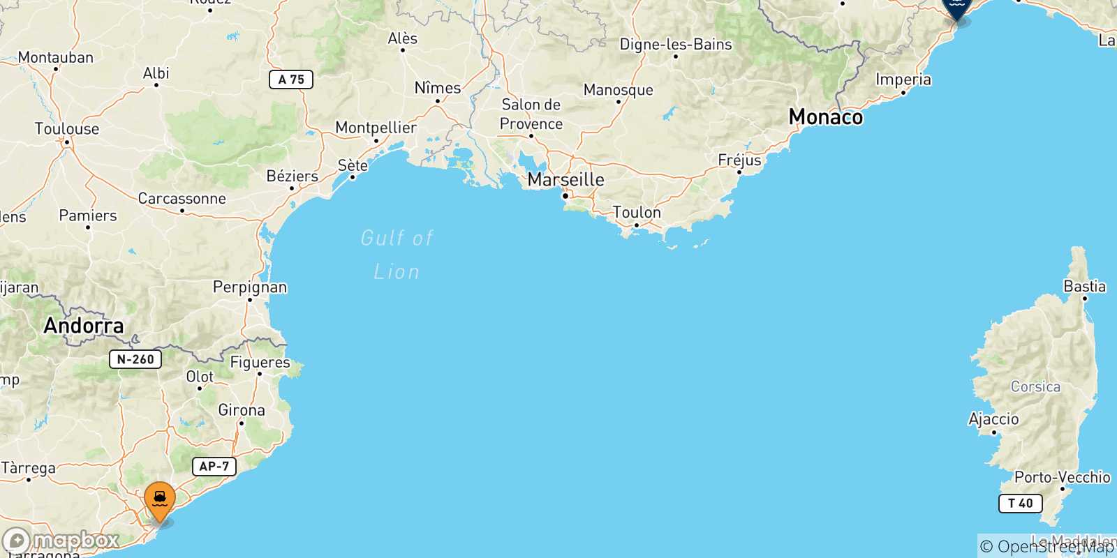 Mappa delle possibili rotte tra la Spagna e Savona