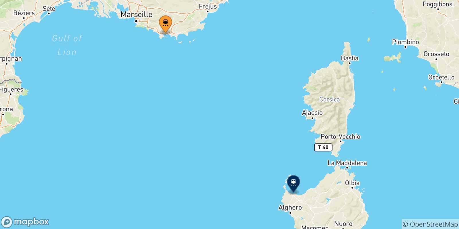 Mappa delle possibili rotte tra Tolone e la Sardegna