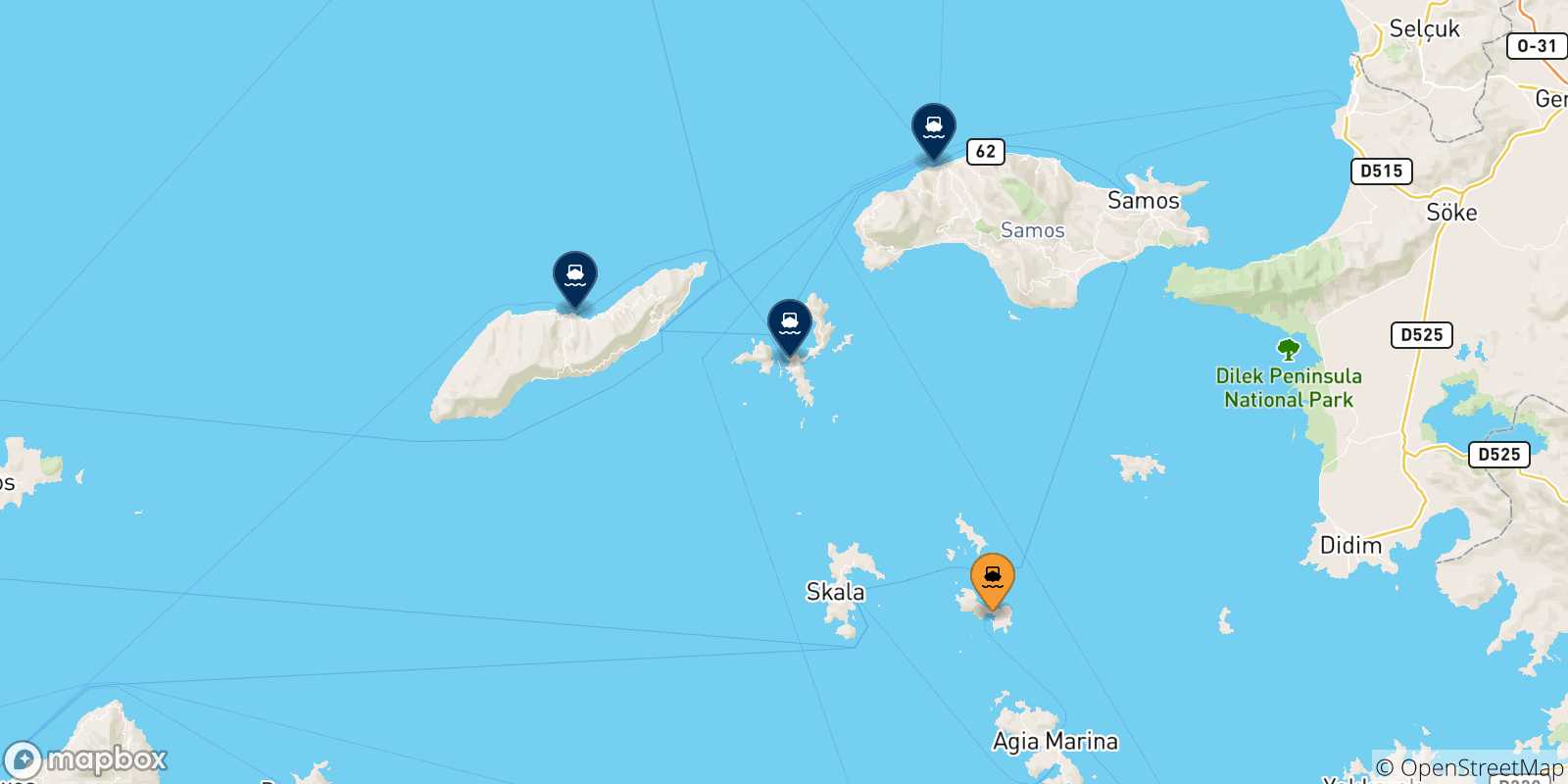 Mappa delle possibili rotte tra Lipsi e le Isole Egeo Nord Orientale
