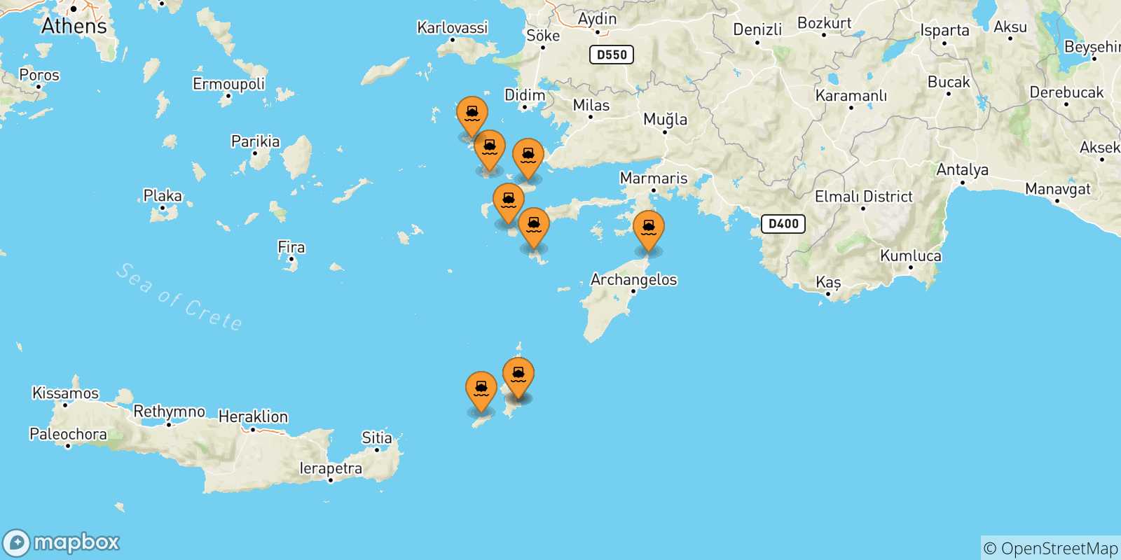 Mappa delle possibili rotte tra le Isole Dodecaneso e Chalki