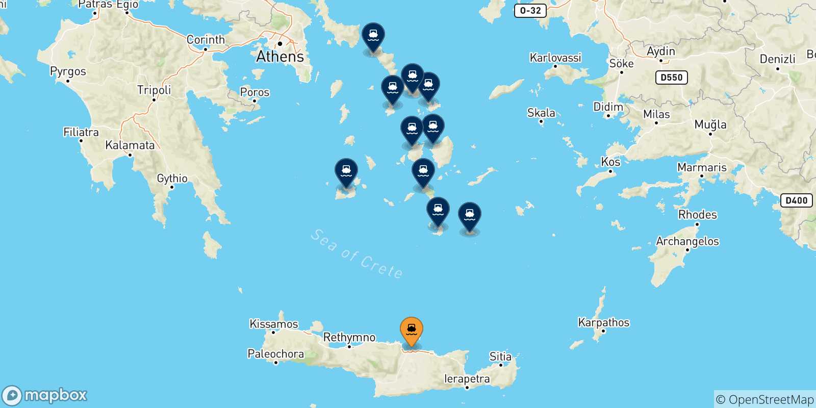 Mappa delle possibili rotte tra Heraklion e le Isole Cicladi