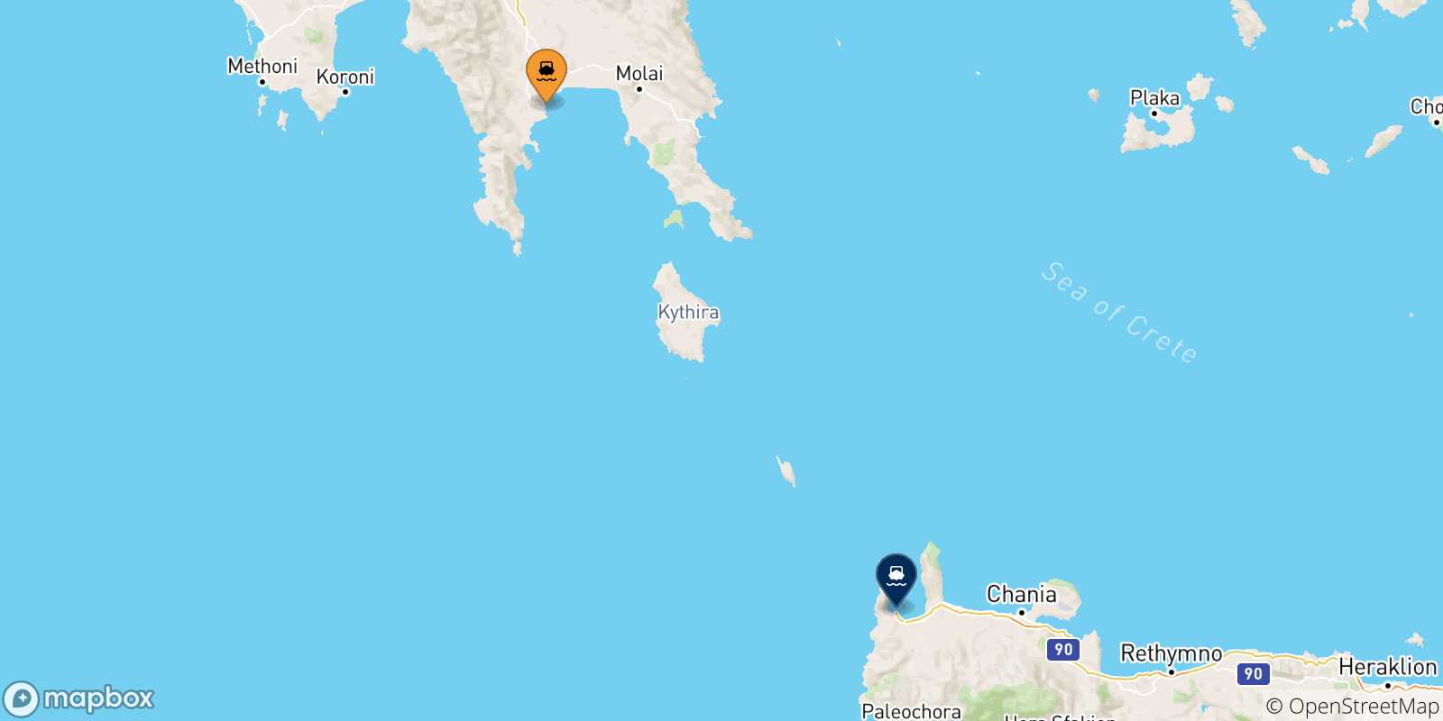 Mappa delle possibili rotte tra Gythio e Creta