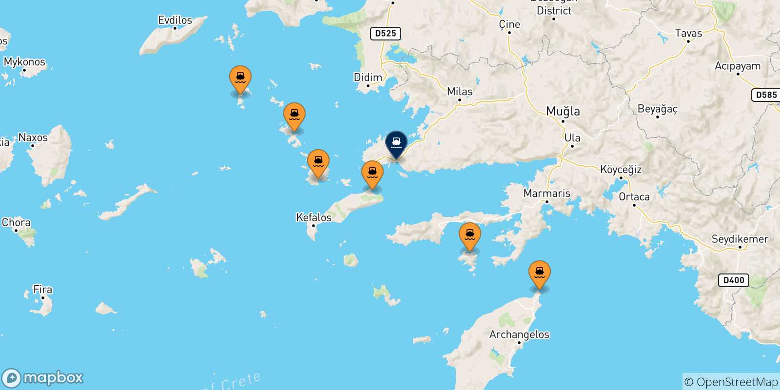 Mappa delle possibili rotte tra le Isole Dodecaneso e Bodrum