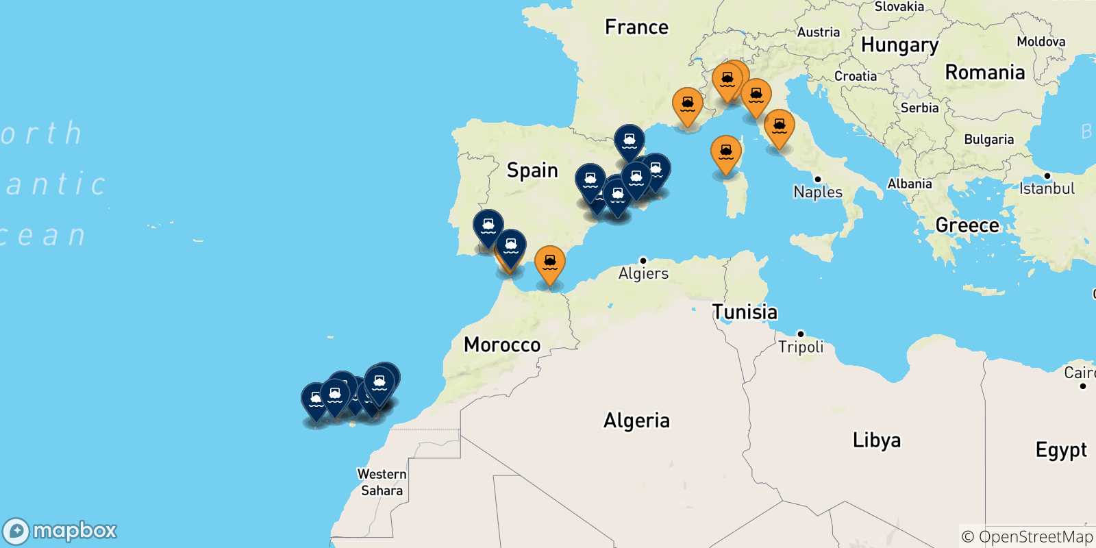 Mappa dei porti collegati con la Spagna