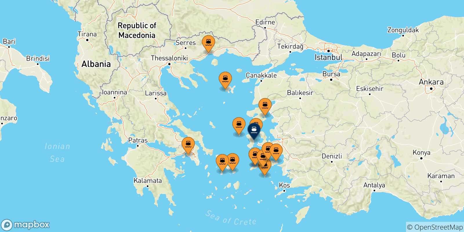 Mappa delle possibili rotte tra la Grecia e Chios