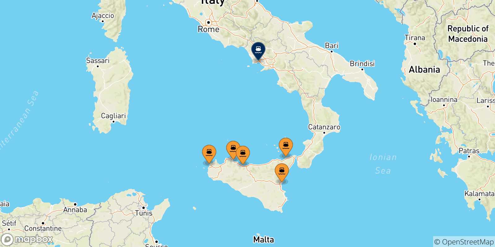 Mappa delle possibili rotte tra la Sicilia e Napoli