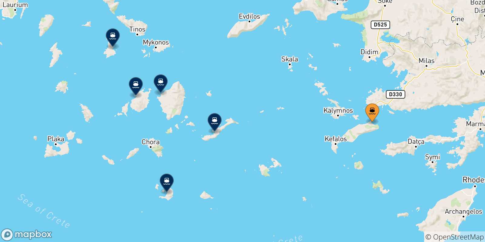Mappa delle possibili rotte tra Kos e le Isole Cicladi